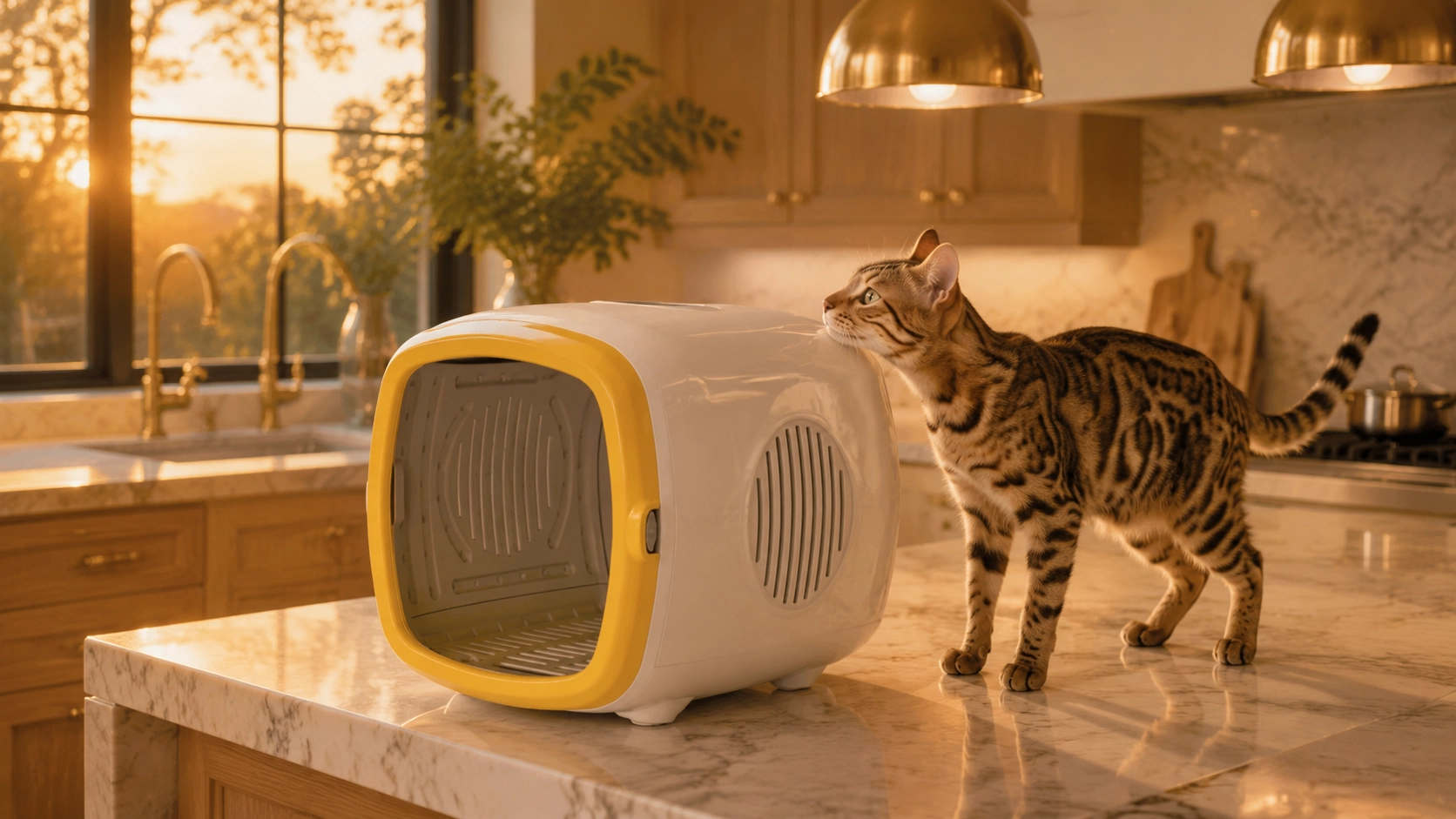 Premium Smart Pet Drying Box · Golden Sunset with Bengal · GuardLynx