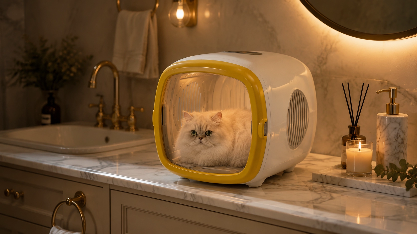 Premium Smart Pet Drying Box · Late Night Glow with Persian · GuardLynx