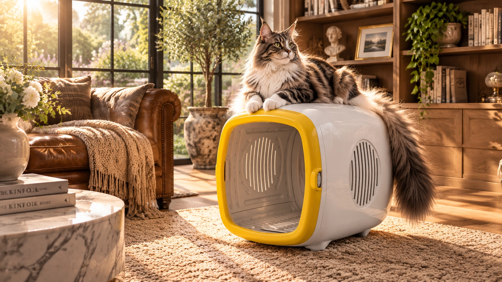 Premium Smart Pet Drying Box · Morning Light with Maine Coon · GuardLynx