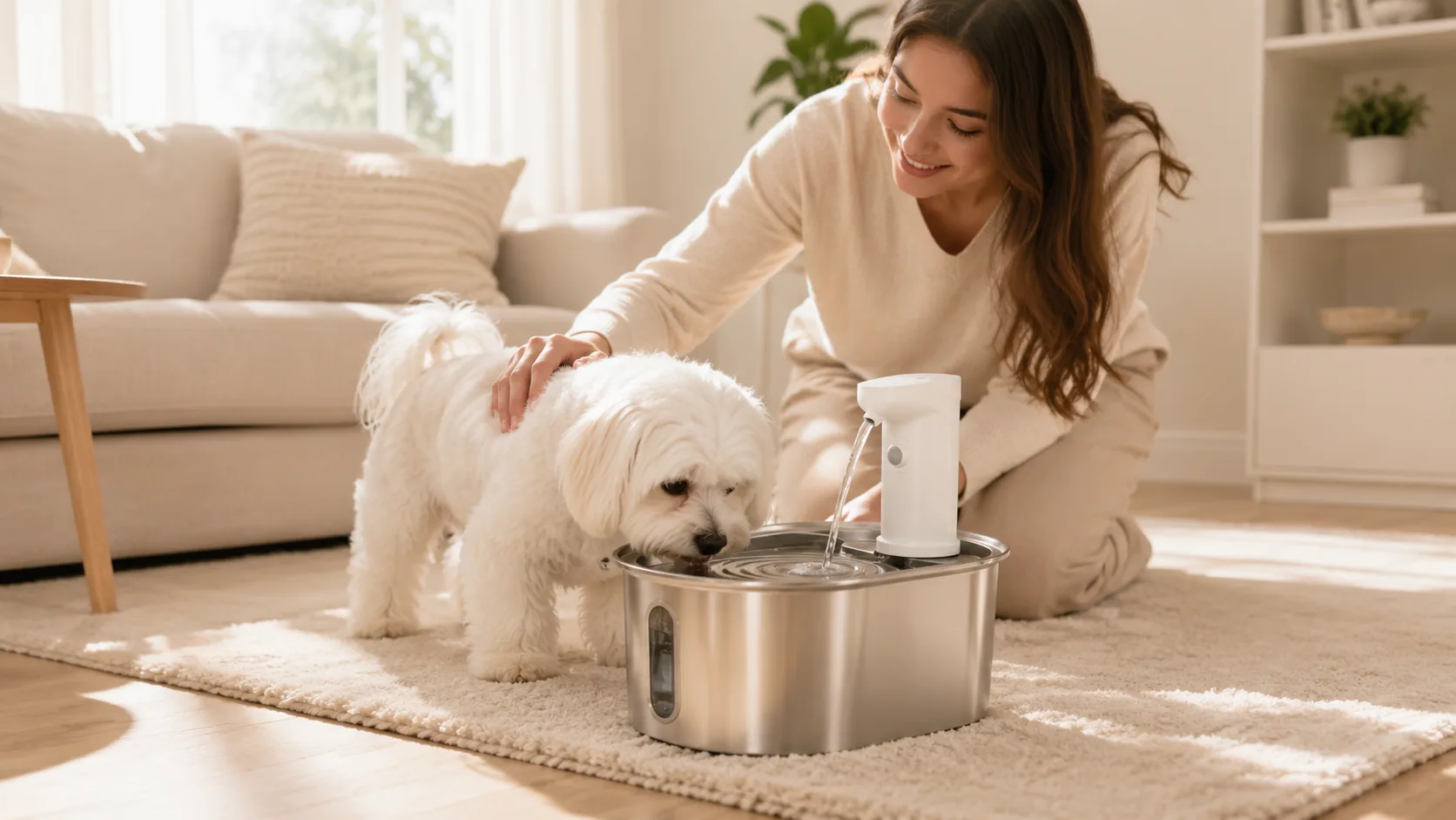 GuardHound Stainless Steel Smart Pet Water Fountain · Morning Kitchen, Golden Retriever Hydrating · GuardHound DOG