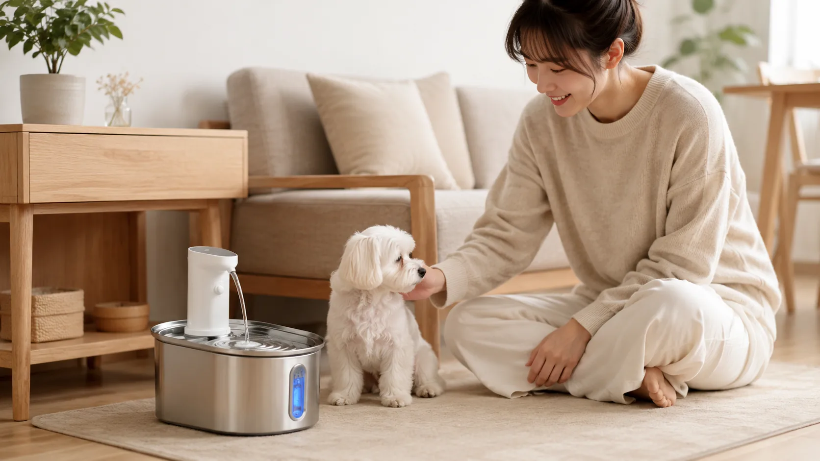 GuardHound Stainless Steel Smart Pet Water Fountain · Afternoon Living Room, German Shepherd Resting · GuardHound DOG