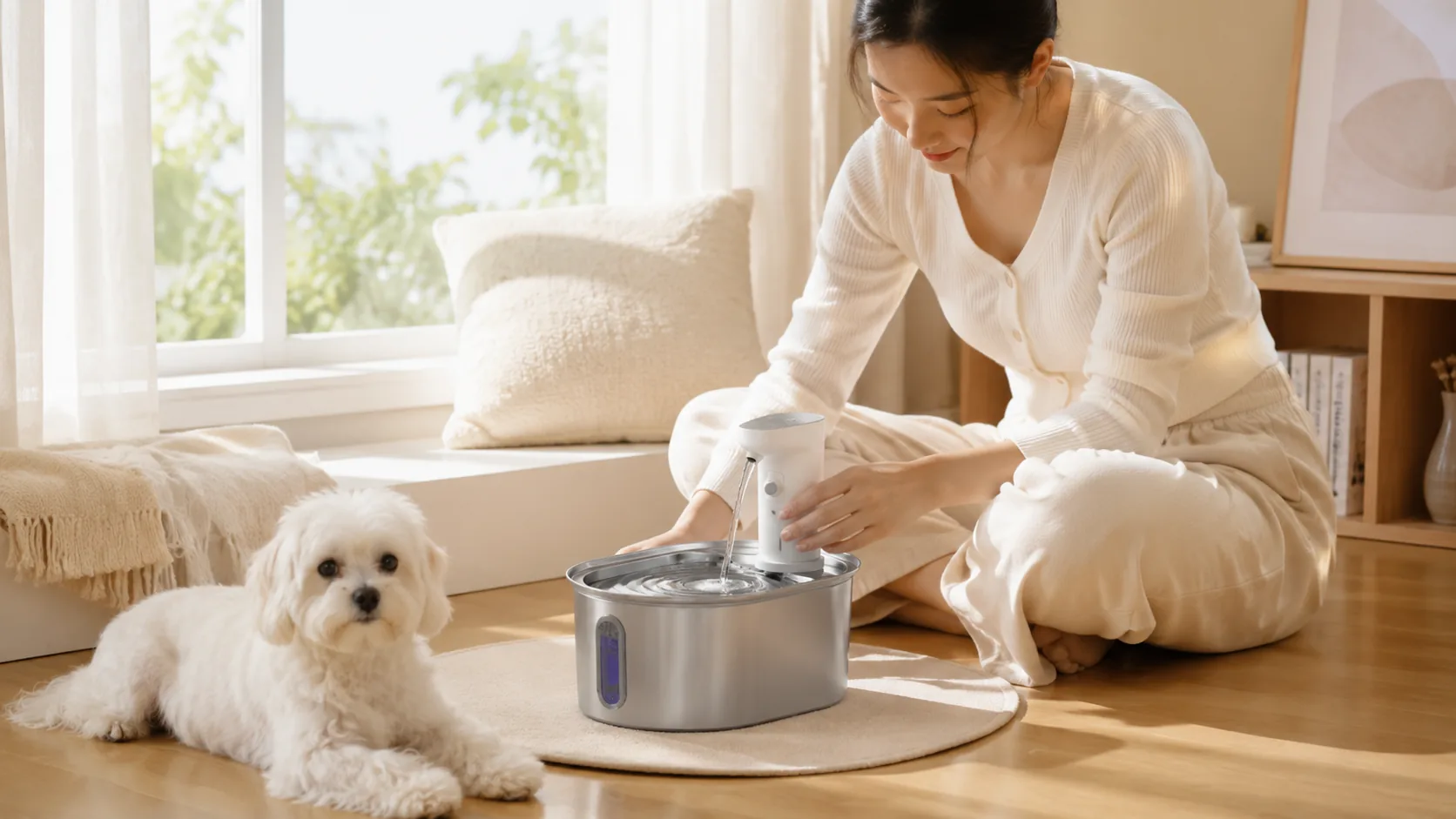 GuardHound Stainless Steel Smart Pet Water Fountain · Evening Study, Husky Investigating · GuardHound DOG