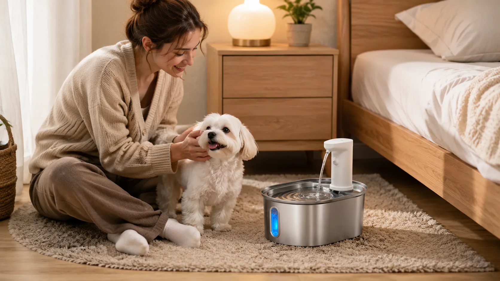 GuardHound Stainless Steel Smart Pet Water Fountain · Night Bedroom, French Bulldog Drinking · GuardHound DOG
