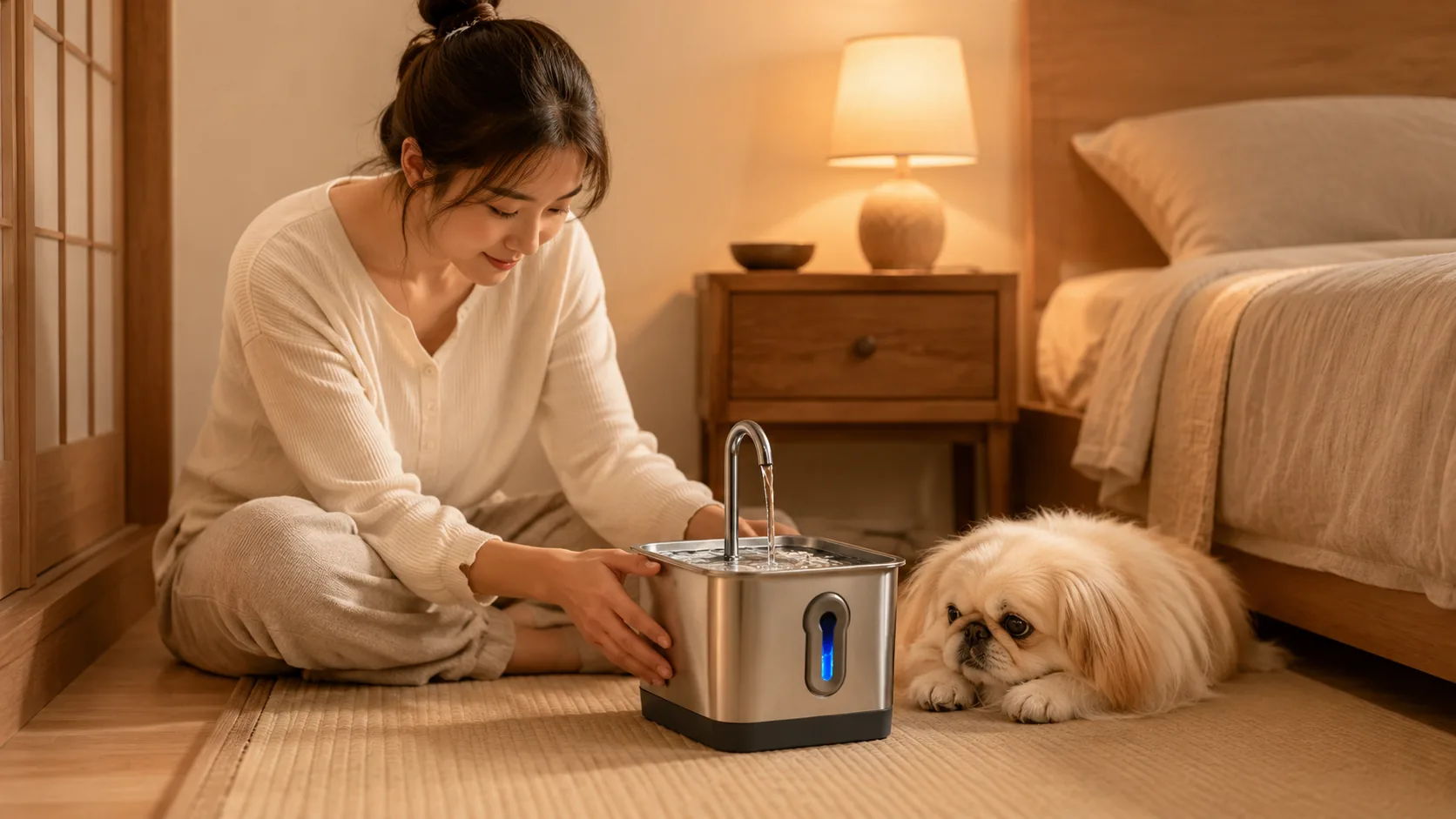 GuardHound Stainless Steel Smart Water Fountain · Afternoon Living Room Hydration · GuardHound DOG
