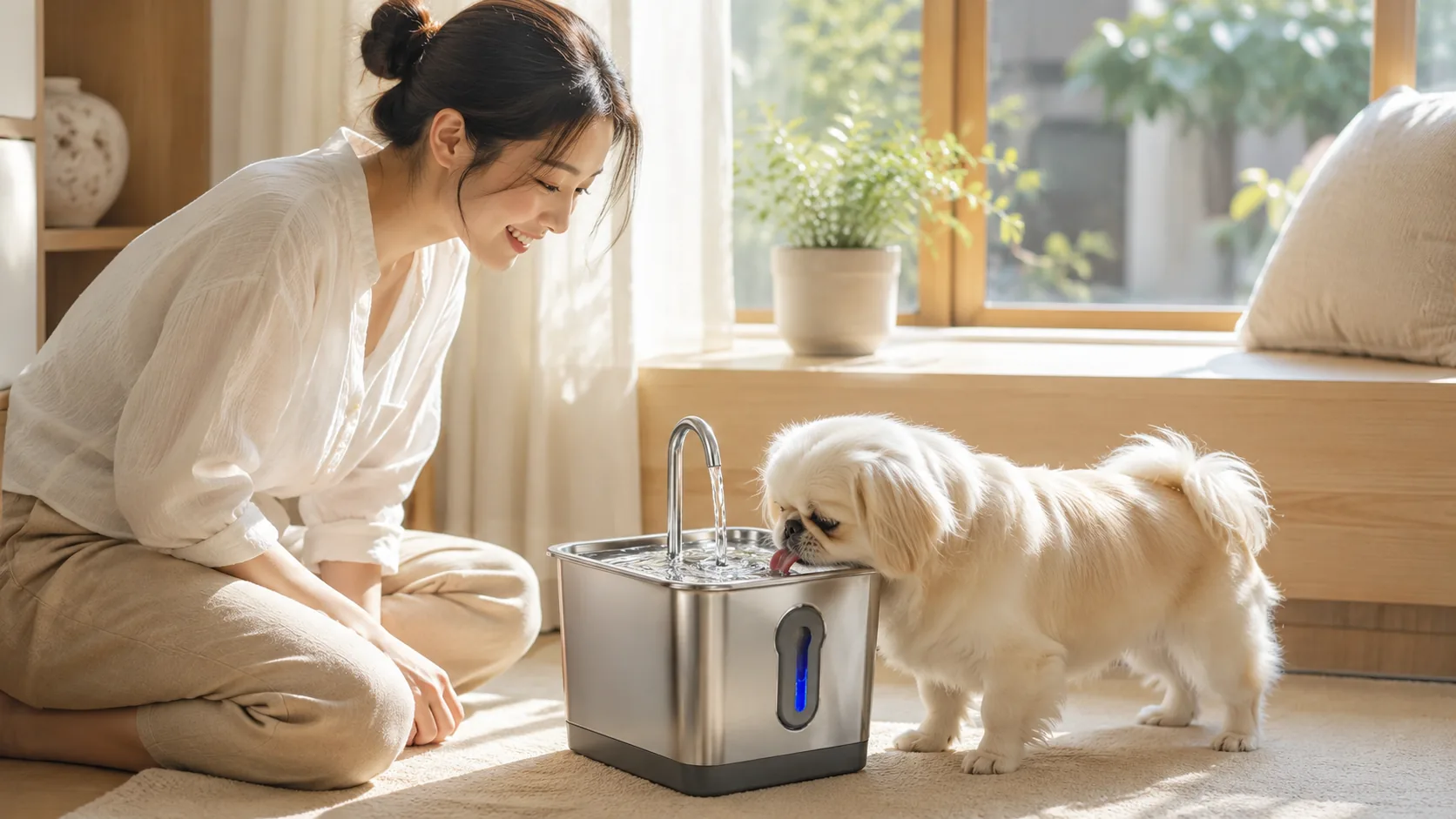 GuardHound Stainless Steel Smart Water Fountain · Evening Bedroom Serenity · GuardHound DOG