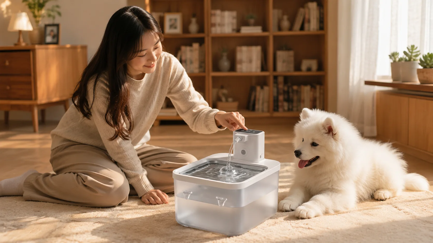 GuardHound Smart Recirculating Water Fountain · Afternoon Living Room · GuardHound DOG