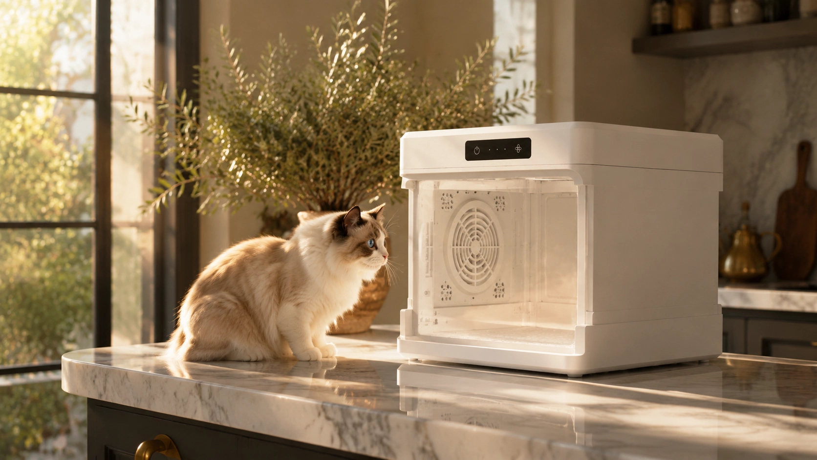 Folding Smart Pet Hair Dryer · Morning Sun on Open Kitchen Island · GuardLynx