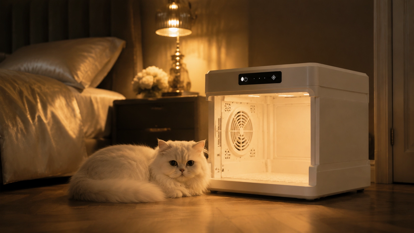 Folding Smart Pet Hair Dryer · Night Under Soft Bedroom Light · GuardLynx