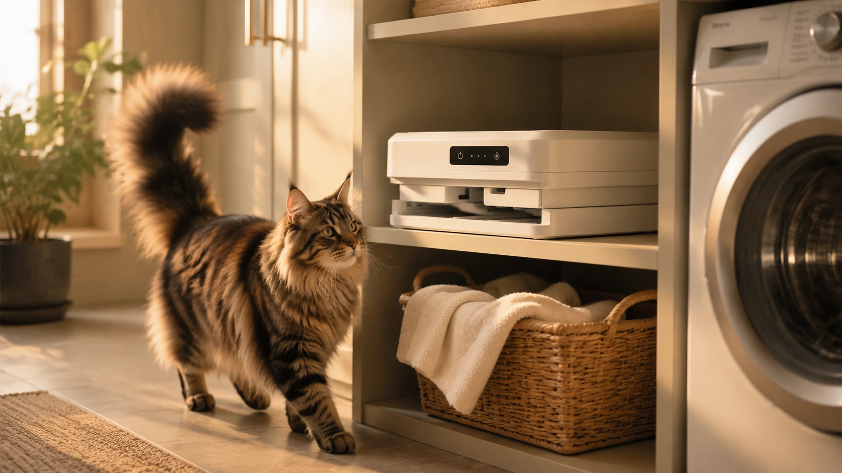 Folding Smart Pet Hair Dryer · Cozy Laundry Room Corner · GuardLynx