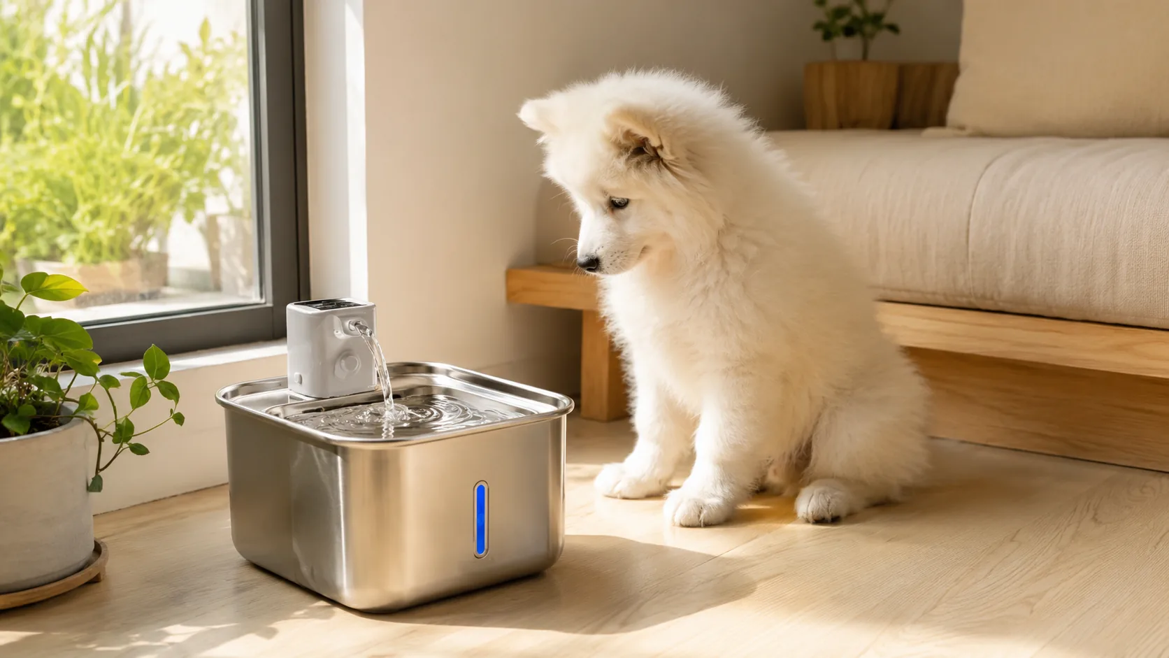 Smart Stainless Steel Pet Water Fountain · Ultra-Quiet Pump · GuardHound DOG