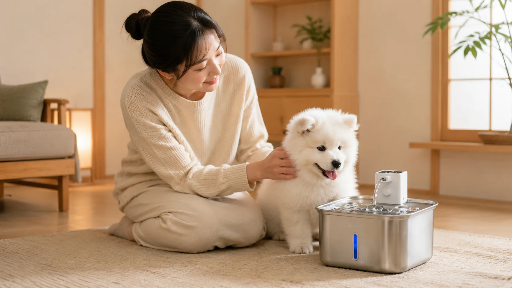 Smart Stainless Steel Pet Water Fountain · Open Kitchen Breakfast · GuardHound DOG