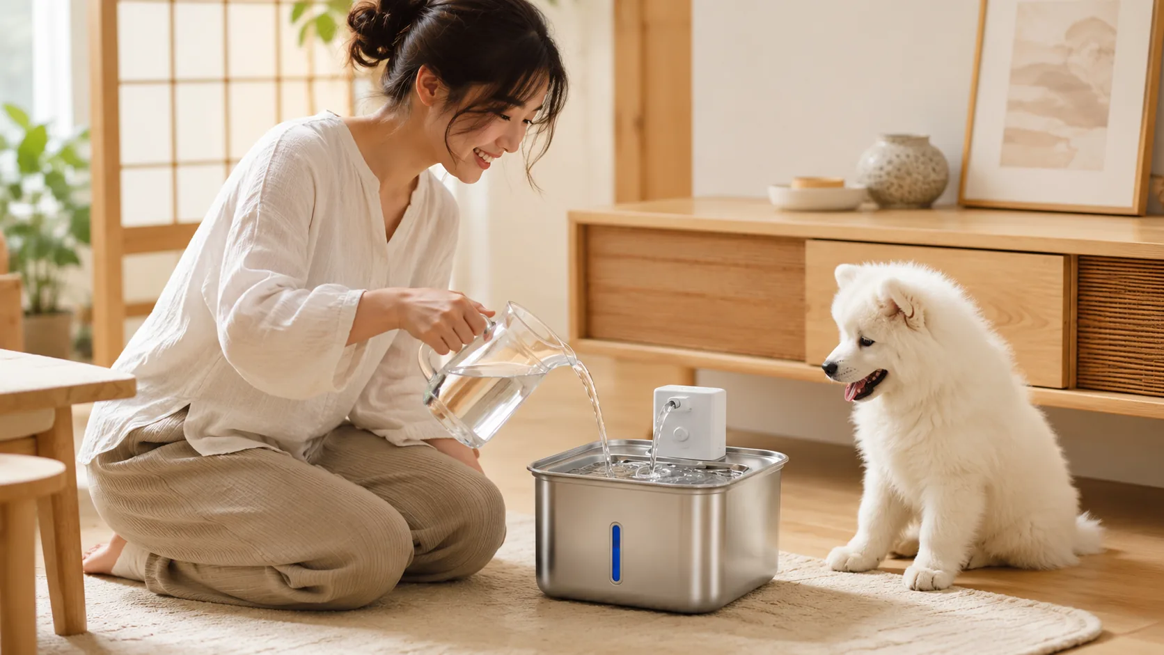 Smart Stainless Steel Pet Water Fountain · Living Room Afternoon · GuardHound DOG