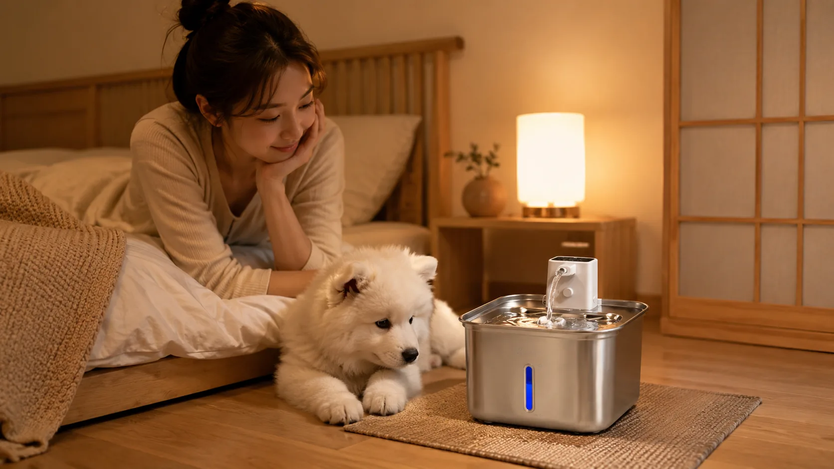 Smart Stainless Steel Pet Water Fountain · Fireplace Evening · GuardHound DOG