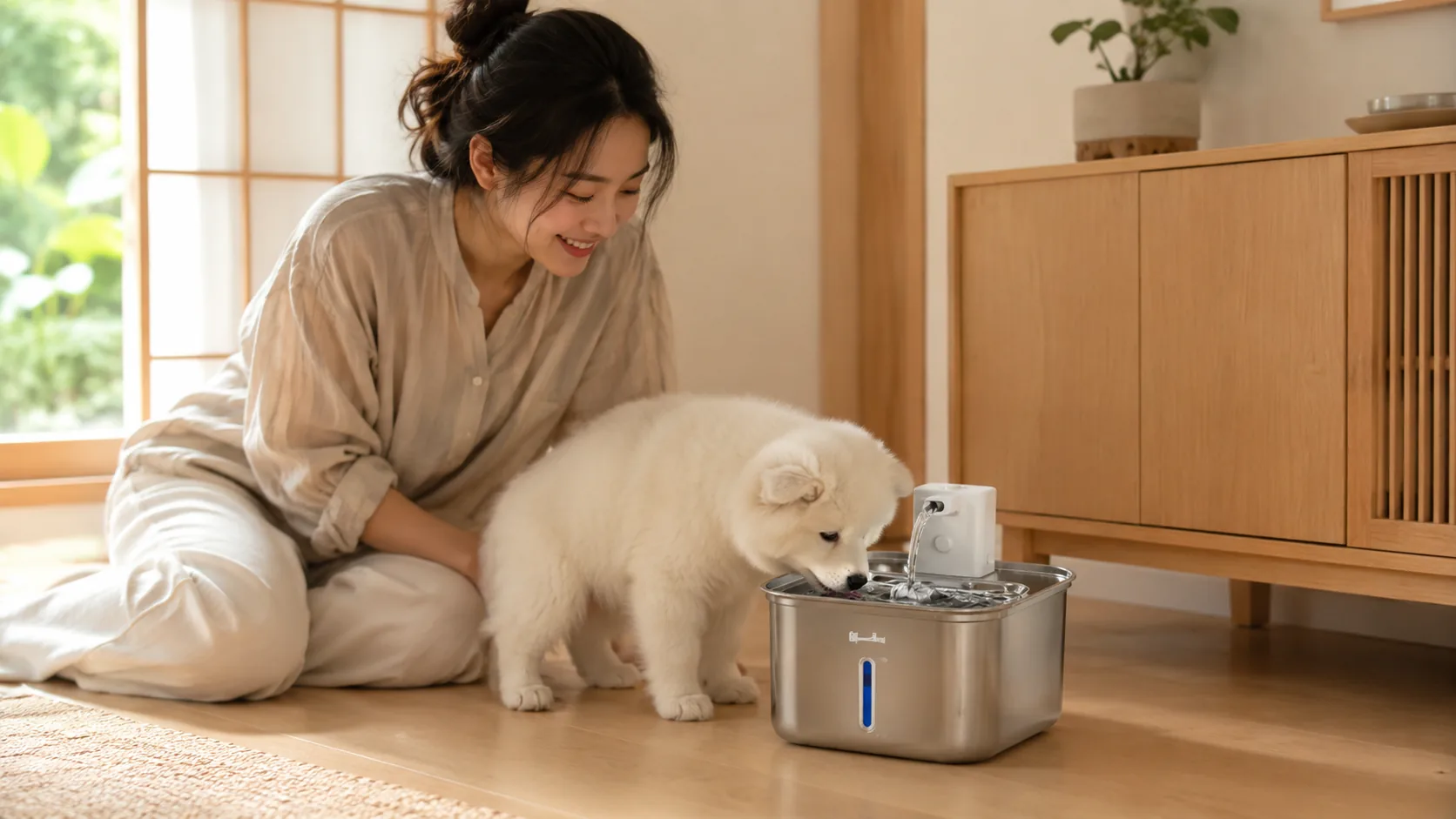 Smart Stainless Steel Pet Water Fountain · Study Room Cozy · GuardHound DOG