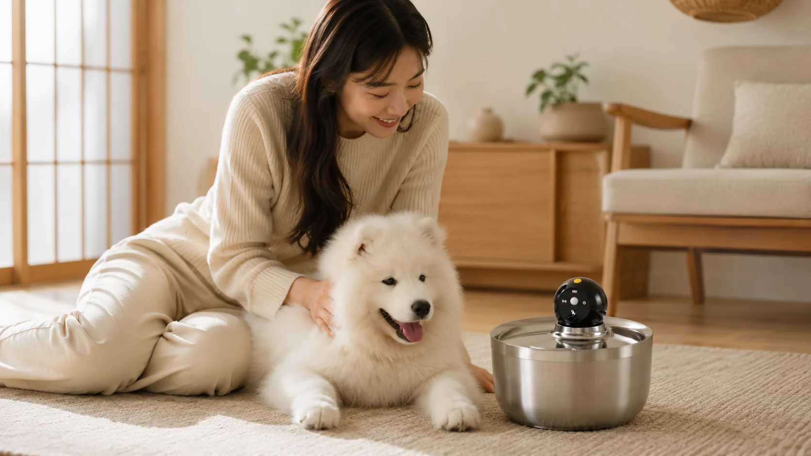 GuardHound Stainless Steel Smart Water Fountain · Morning Kitchen Sunlight · GuardHound DOG