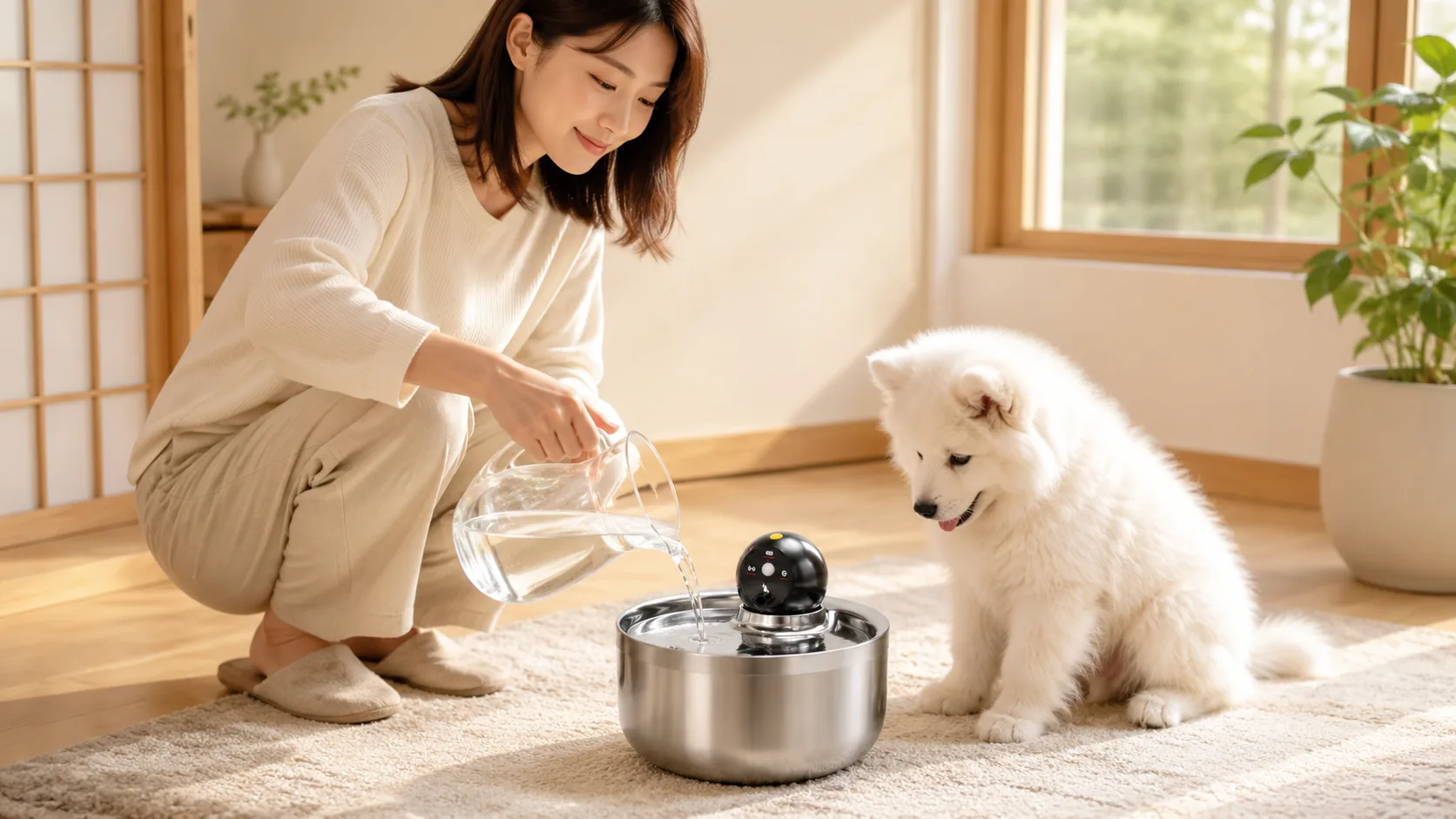 GuardHound Stainless Steel Smart Water Fountain · Afternoon Living Room Calm · GuardHound DOG