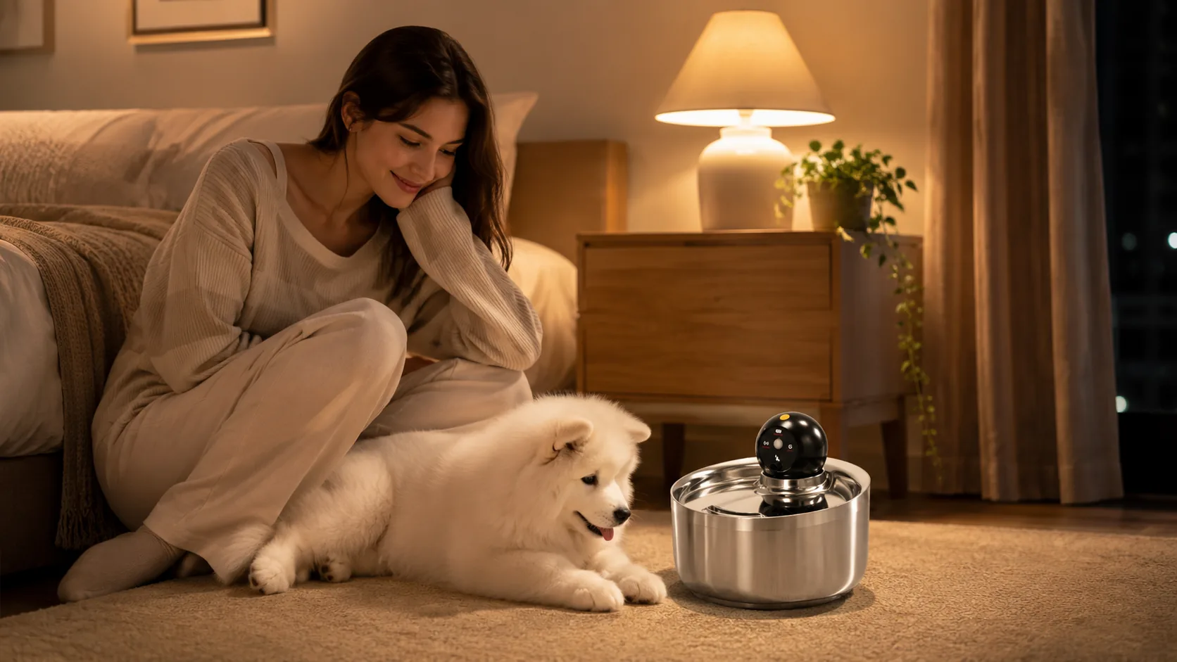 GuardHound Stainless Steel Smart Water Fountain · Nighttime Cozy Moment · GuardHound DOG