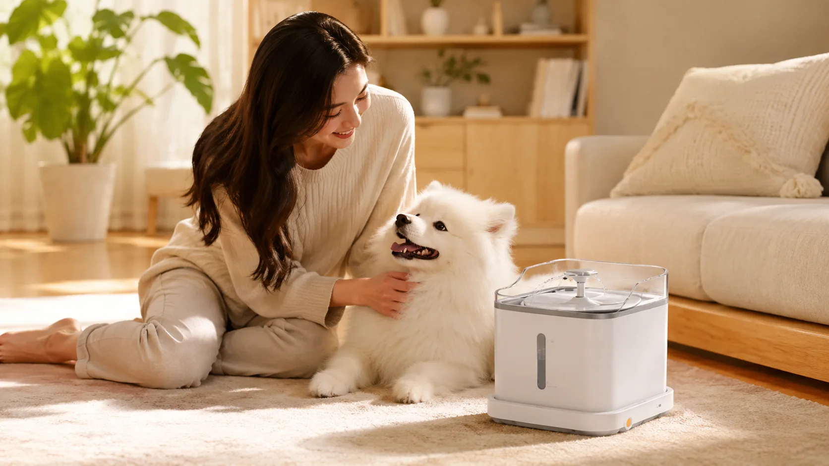 GuardHound Smart Recirculating Oxygen Pet Fountain · Living Room Window Afternoon · GuardHound DOG