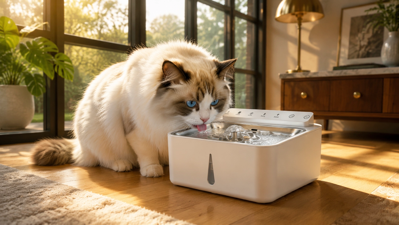 Smart Recirculating Pet Water Fountain · Ragdoll in Morning Light · GuardLynx