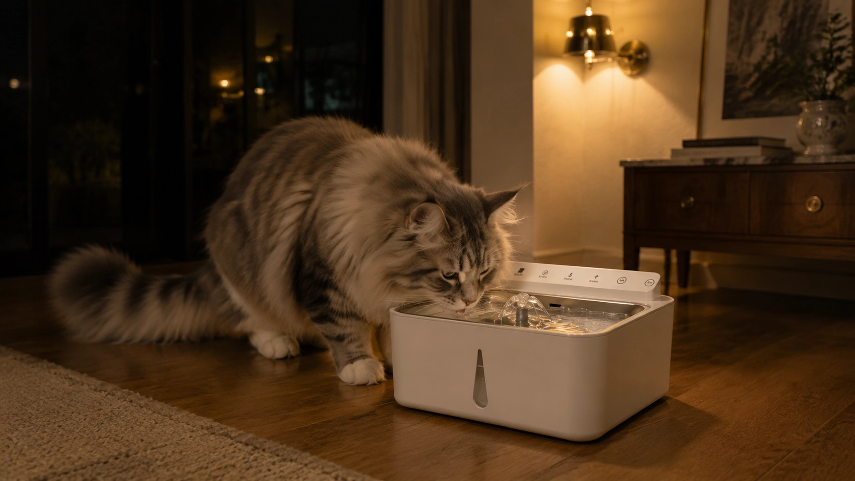 Smart Recirculating Pet Water Fountain · Maine Coon at Night · GuardLynx