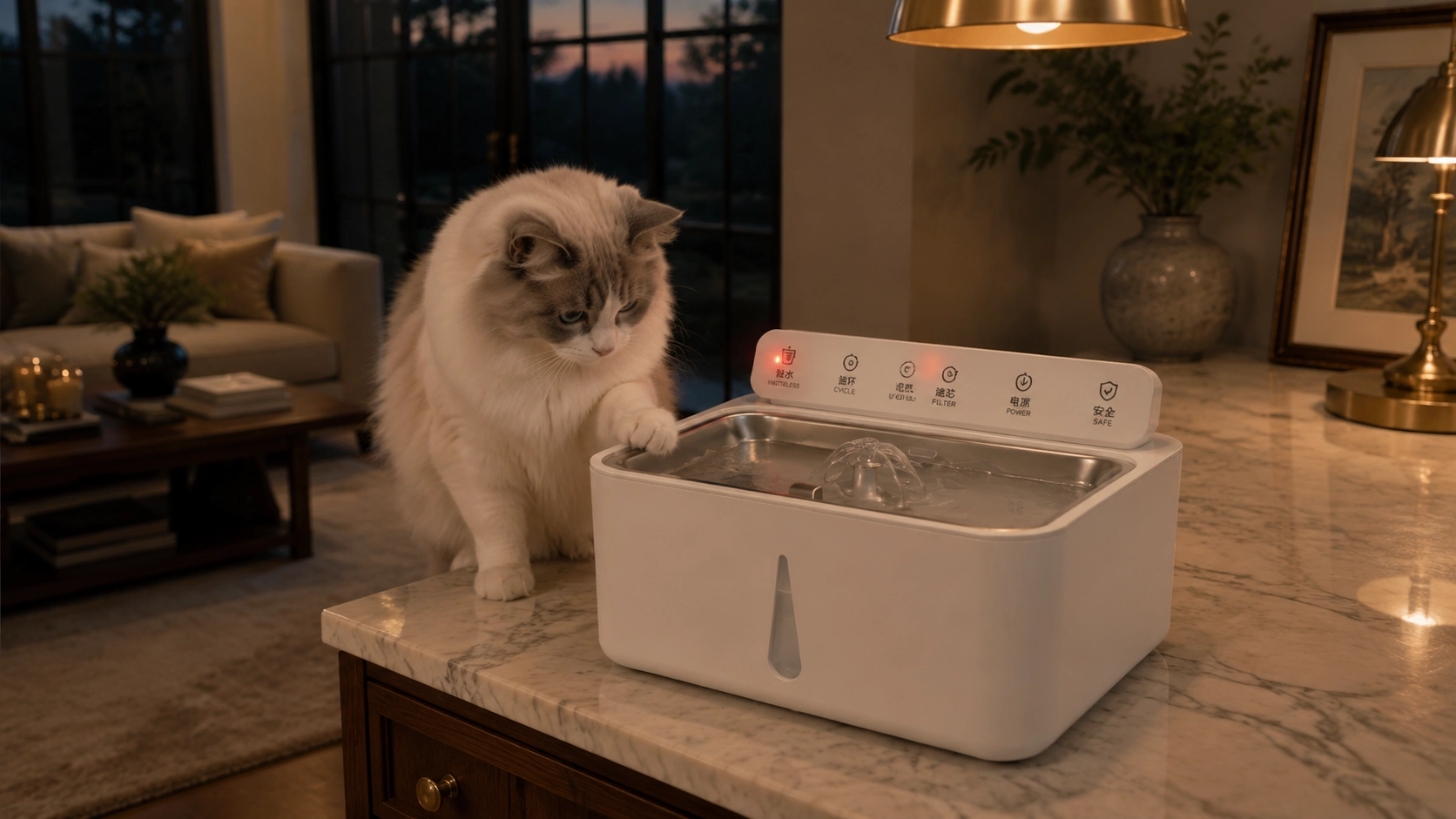 Smart Recirculating Pet Water Fountain · Auto Shut-Off · GuardLynx