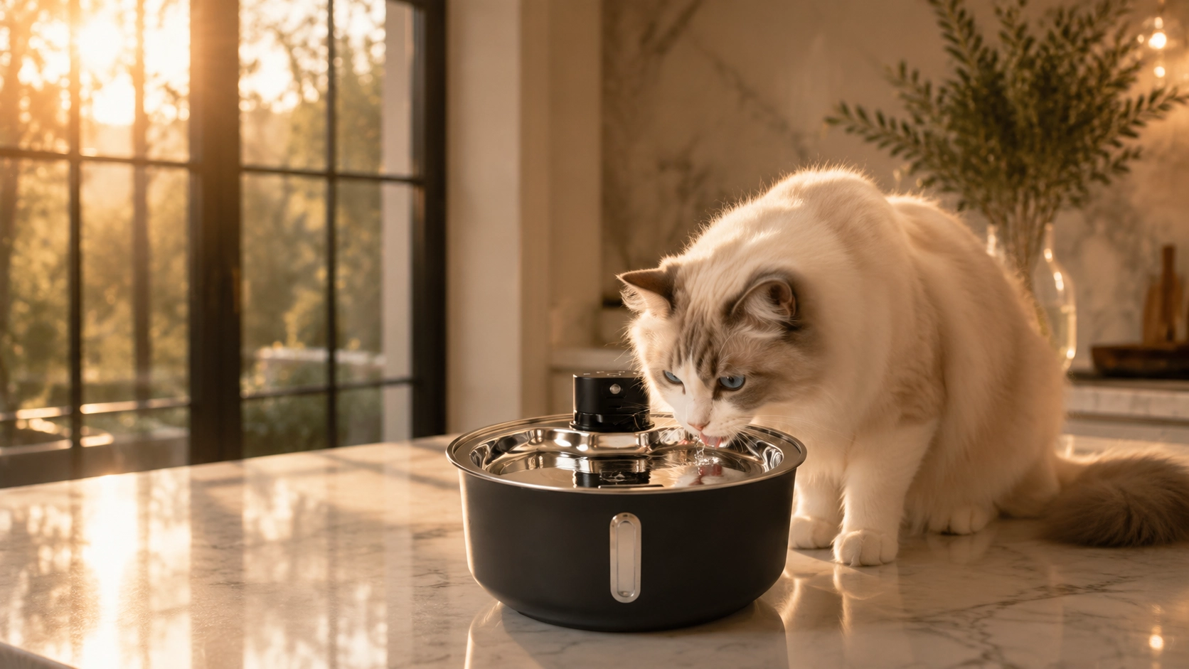 Colorful UV-Sterilized Stainless Steel Smart Water Fountain · Morning Sunshine with Ragdoll Cat · GuardLynx