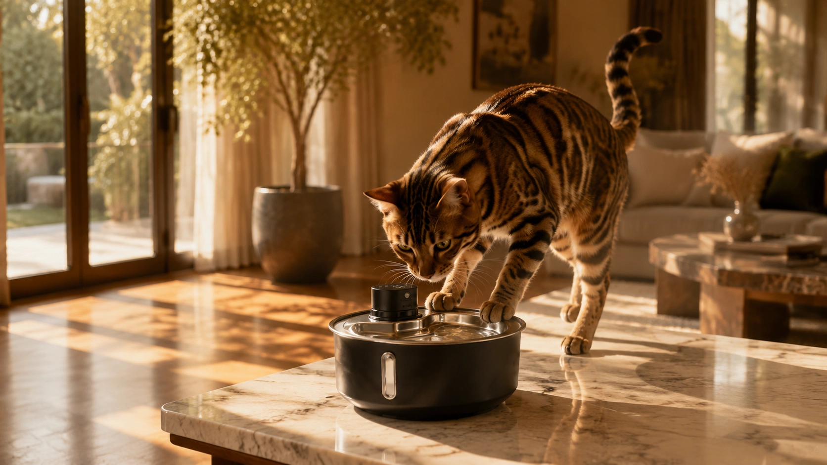 Colorful UV-Sterilized Stainless Steel Smart Water Fountain · Afternoon Living Room with Bengal Cat · GuardLynx