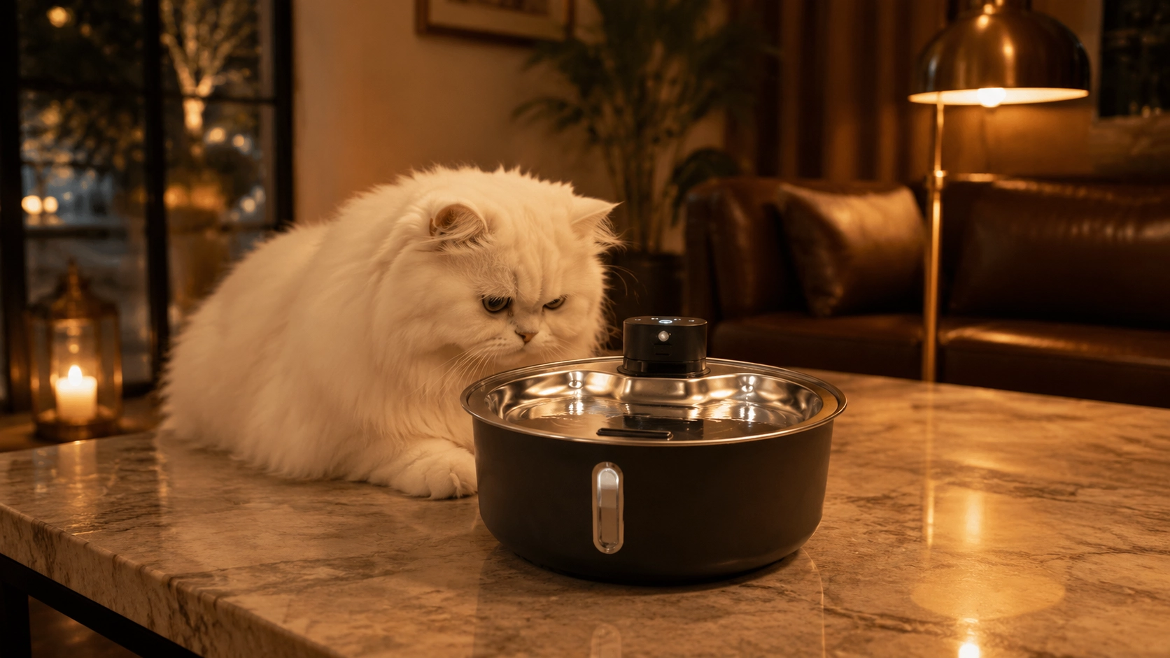 Colorful UV-Sterilized Stainless Steel Smart Water Fountain · Evening Study with Persian Cat · GuardLynx