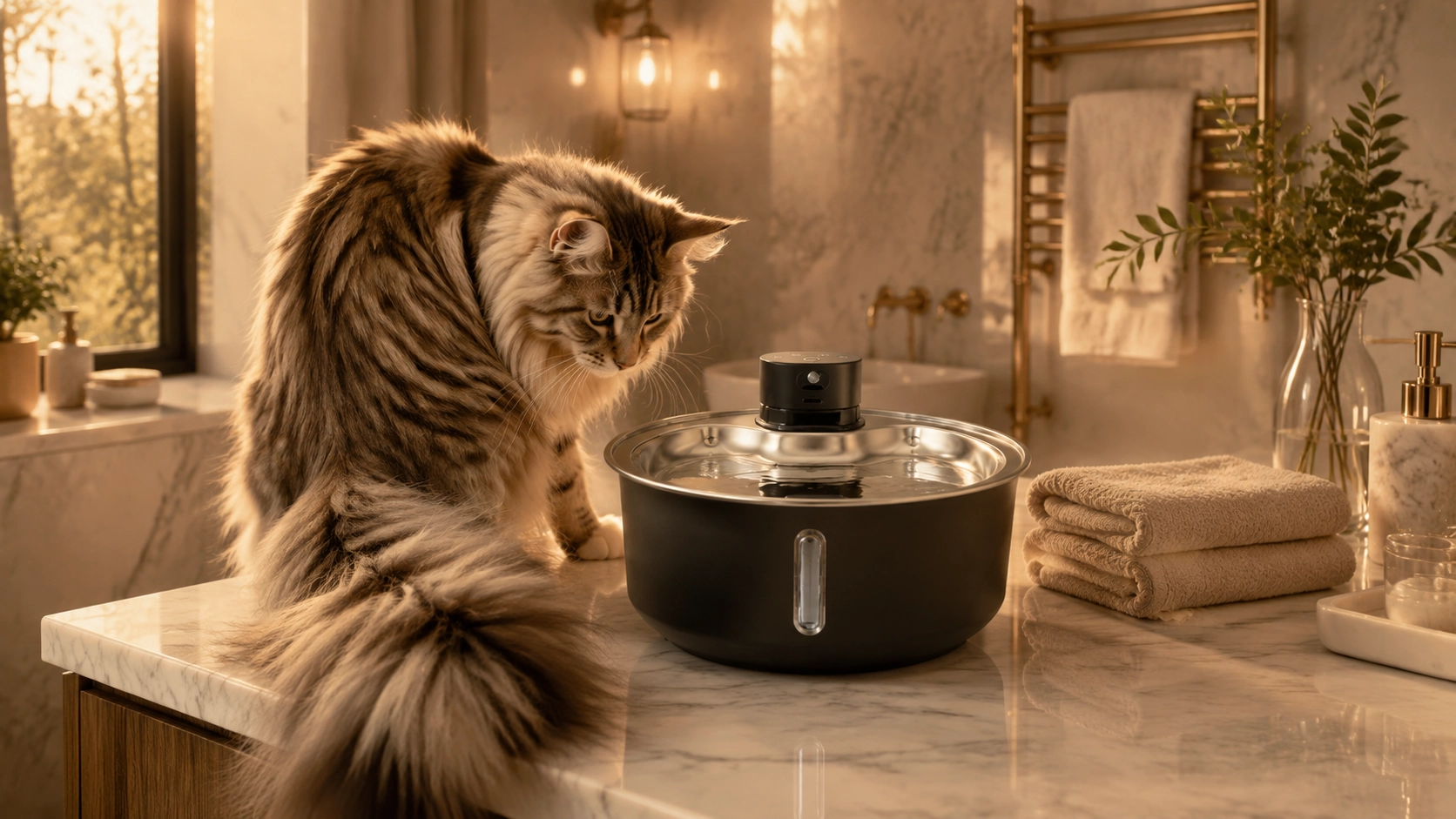 Colorful UV-Sterilized Stainless Steel Smart Water Fountain · Bathroom Corner with Maine Coon · GuardLynx