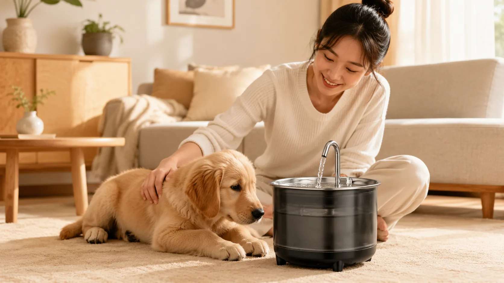 GuardHound Stainless Steel Recirculating Water Fountain · Living Room Afternoon · GuardHound DOG