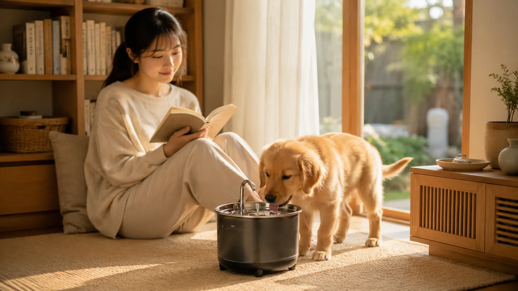 GuardHound Stainless Steel Recirculating Water Fountain · Study Room Dusk · GuardHound DOG