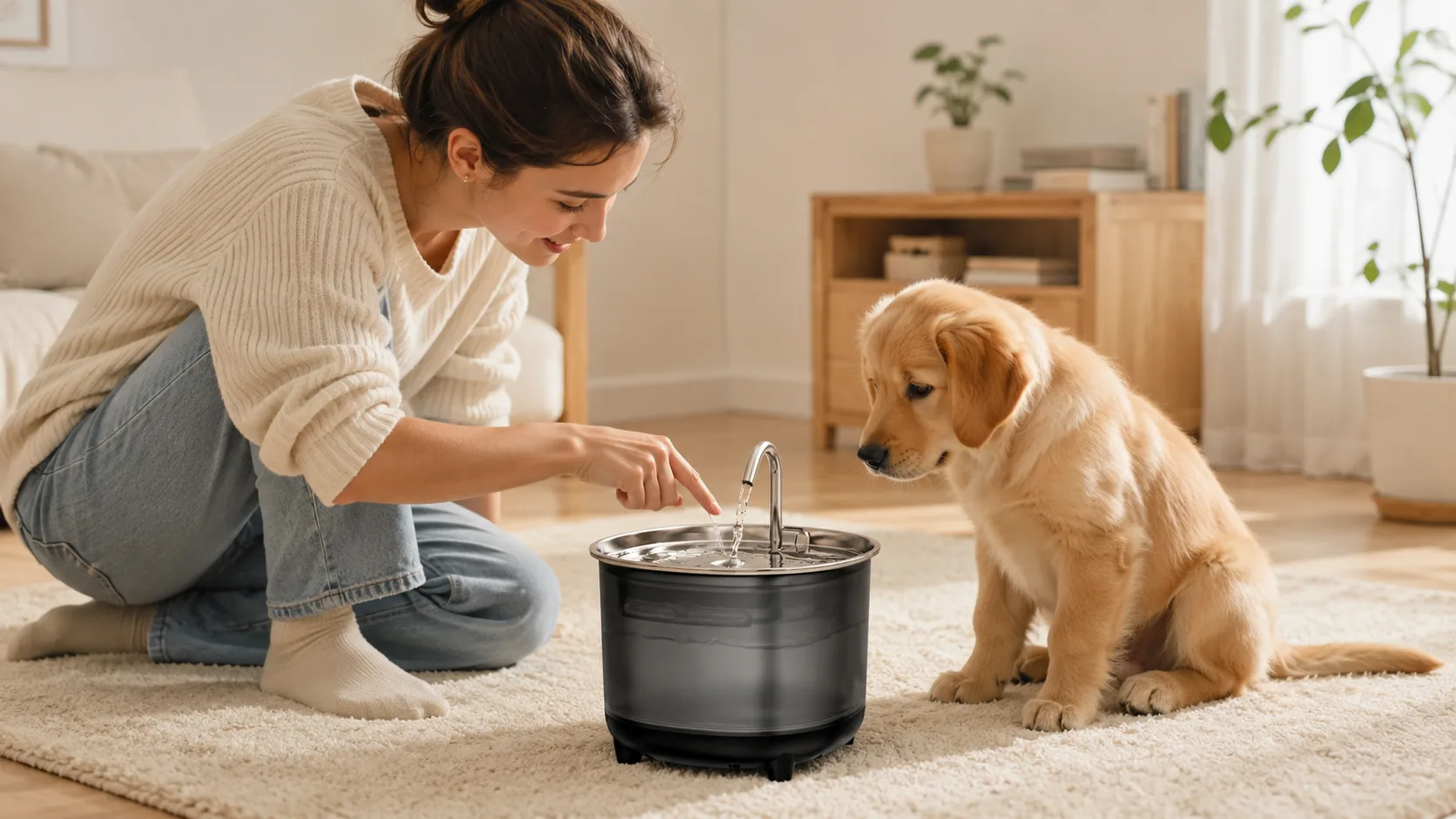 GuardHound Stainless Steel Recirculating Water Fountain · Laundry Room Night · GuardHound DOG
