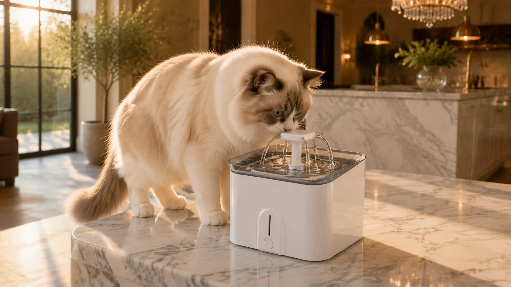 GuardLynx AquaSmart Pet Water Fountain · Morning Sunlight in Open Kitchen · GuardLynx