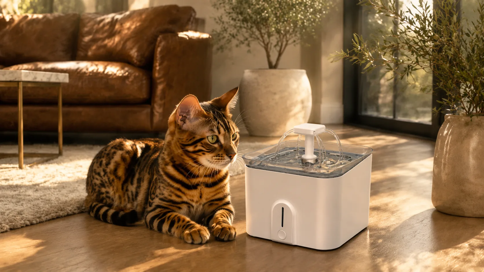 GuardLynx AquaSmart Pet Water Fountain · Afternoon Leisure in Living Room · GuardLynx