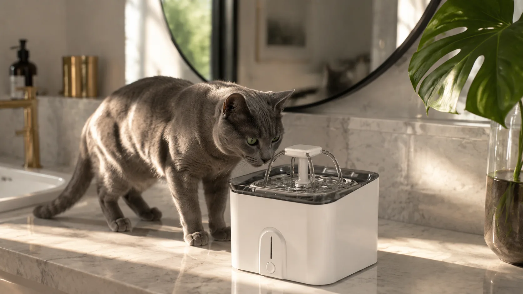 GuardLynx AquaSmart Pet Water Fountain · Elegance on Bathroom Marble · GuardLynx