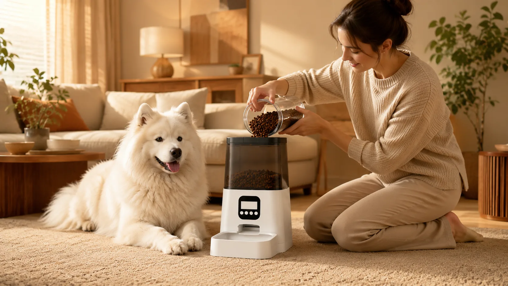 Smart Timed Pet Feeder with App Control · Kitchen Morning · GuardHound DOG