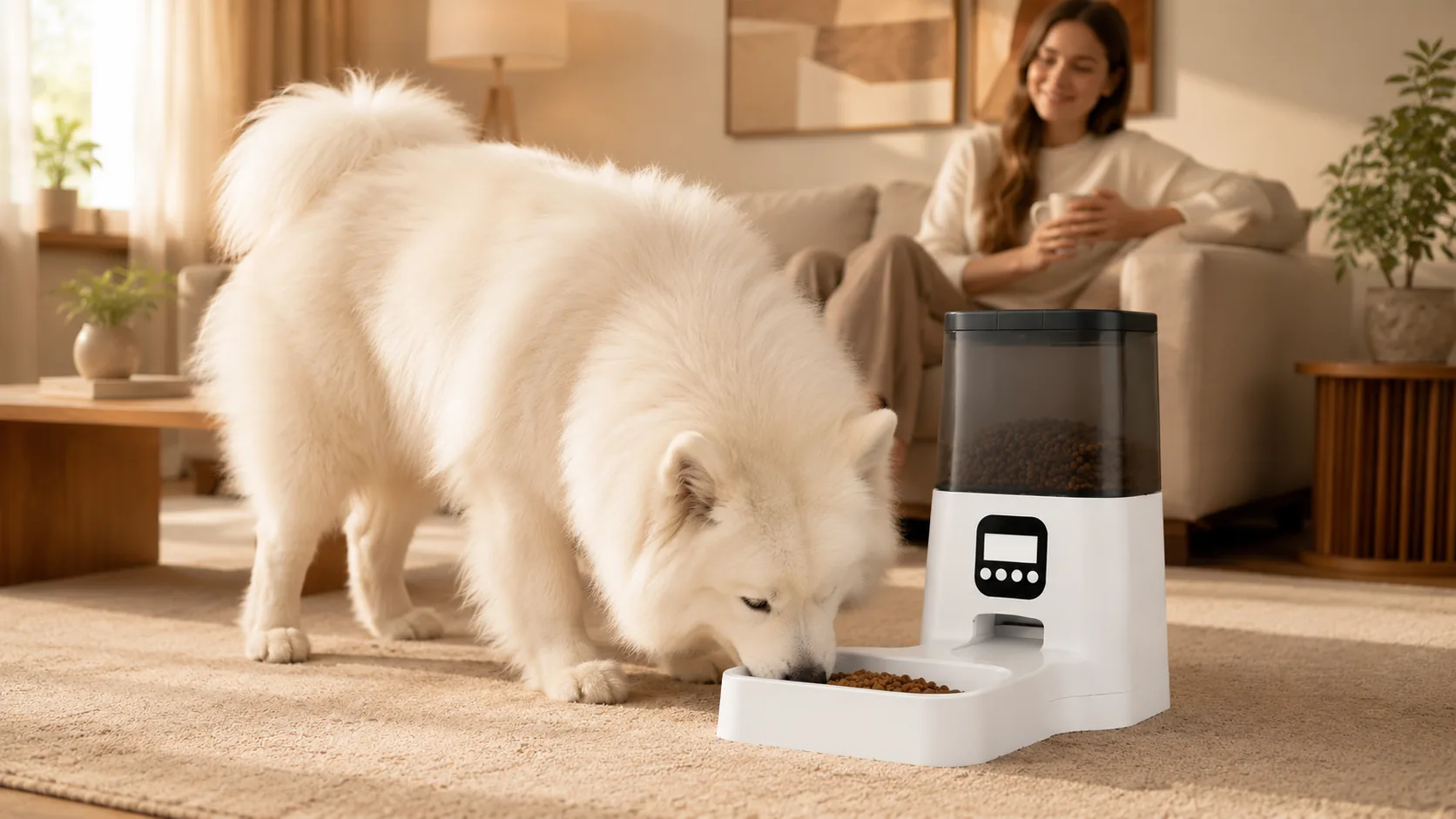 Smart Timed Pet Feeder with App Control · Living Room Afternoon · GuardHound DOG