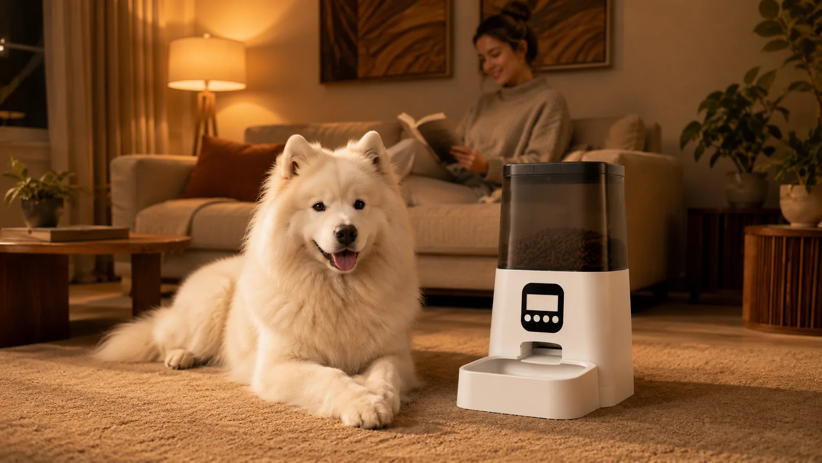 Smart Timed Pet Feeder with App Control · Bedroom Evening · GuardHound DOG