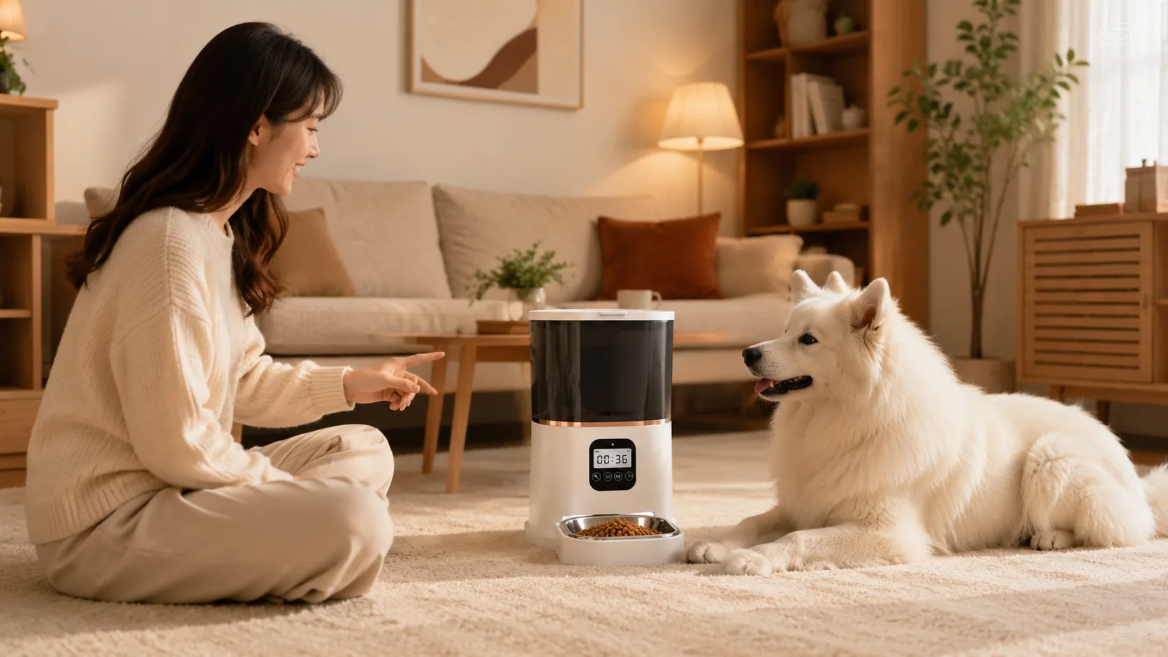 Smart Dual Bowl Pet Feeder · Morning Breakfast in Sunlight · GuardHound DOG