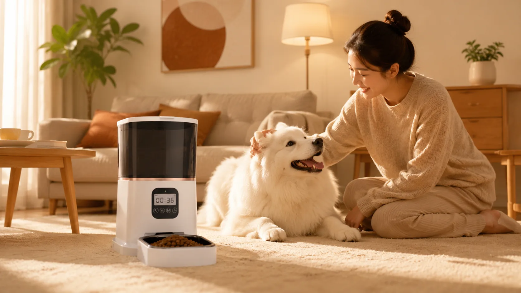Smart Dual Bowl Pet Feeder · Afternoon Relaxation in the Living Room · GuardHound DOG