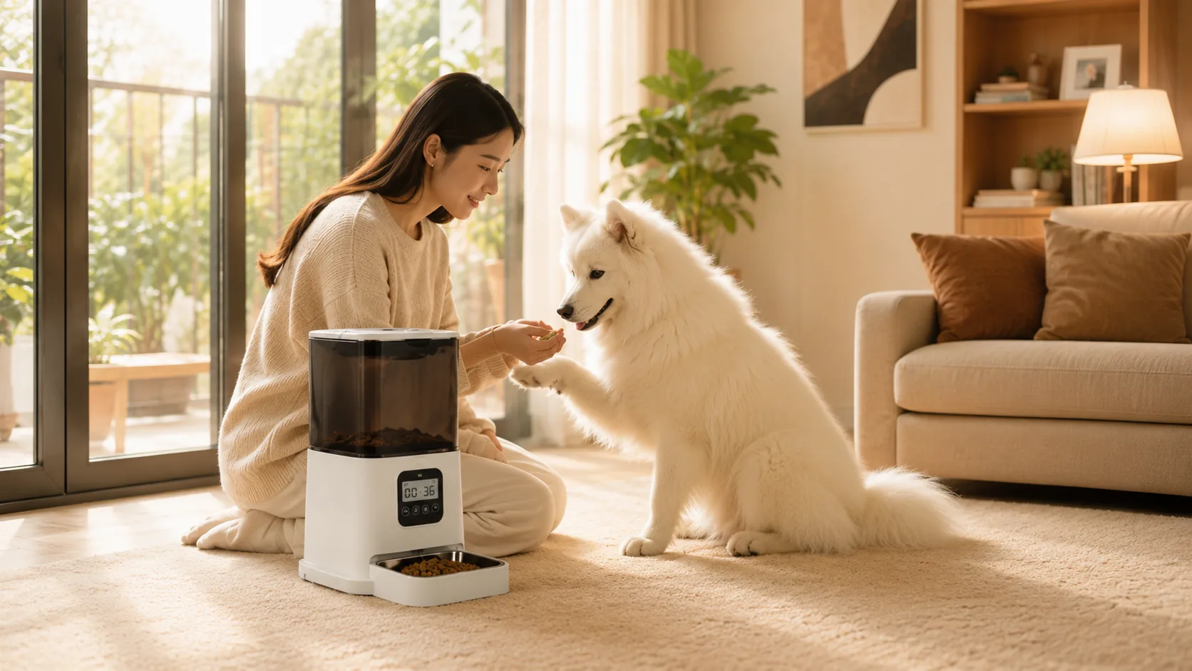 Smart Dual Bowl Pet Feeder · Evening Companionship by the Window · GuardHound DOG
