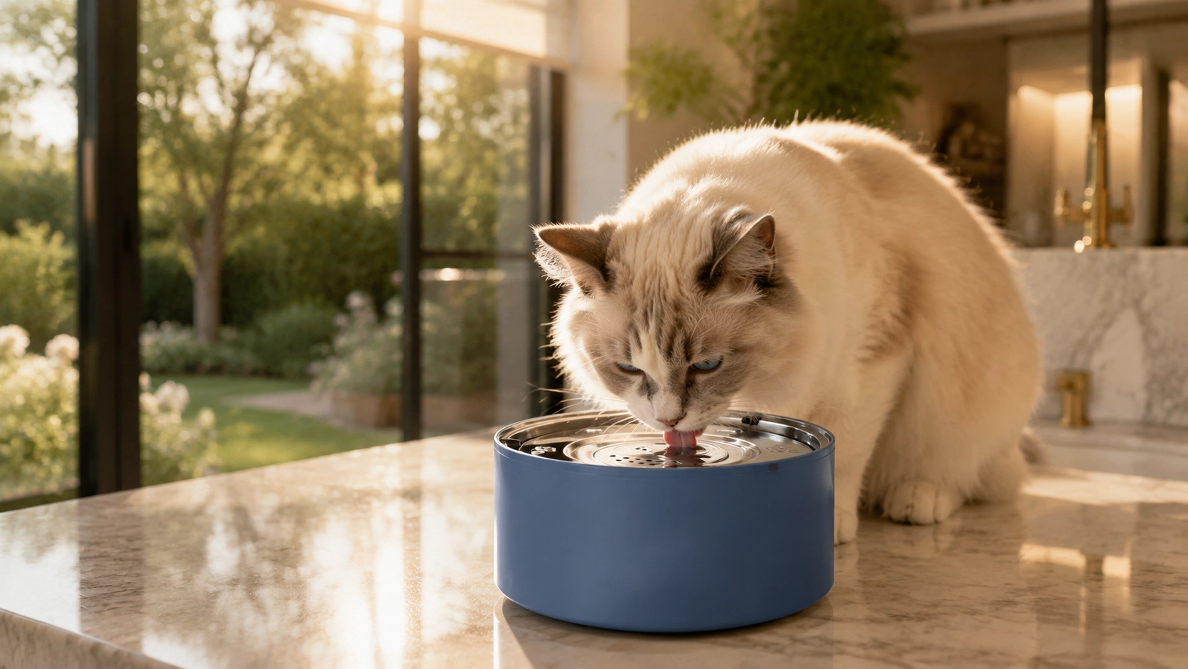 GuardLynx Floating Stainless Steel Anti-Wet Mouth Pet Bowl · Ragdoll Cat in Morning Light · GuardLynx