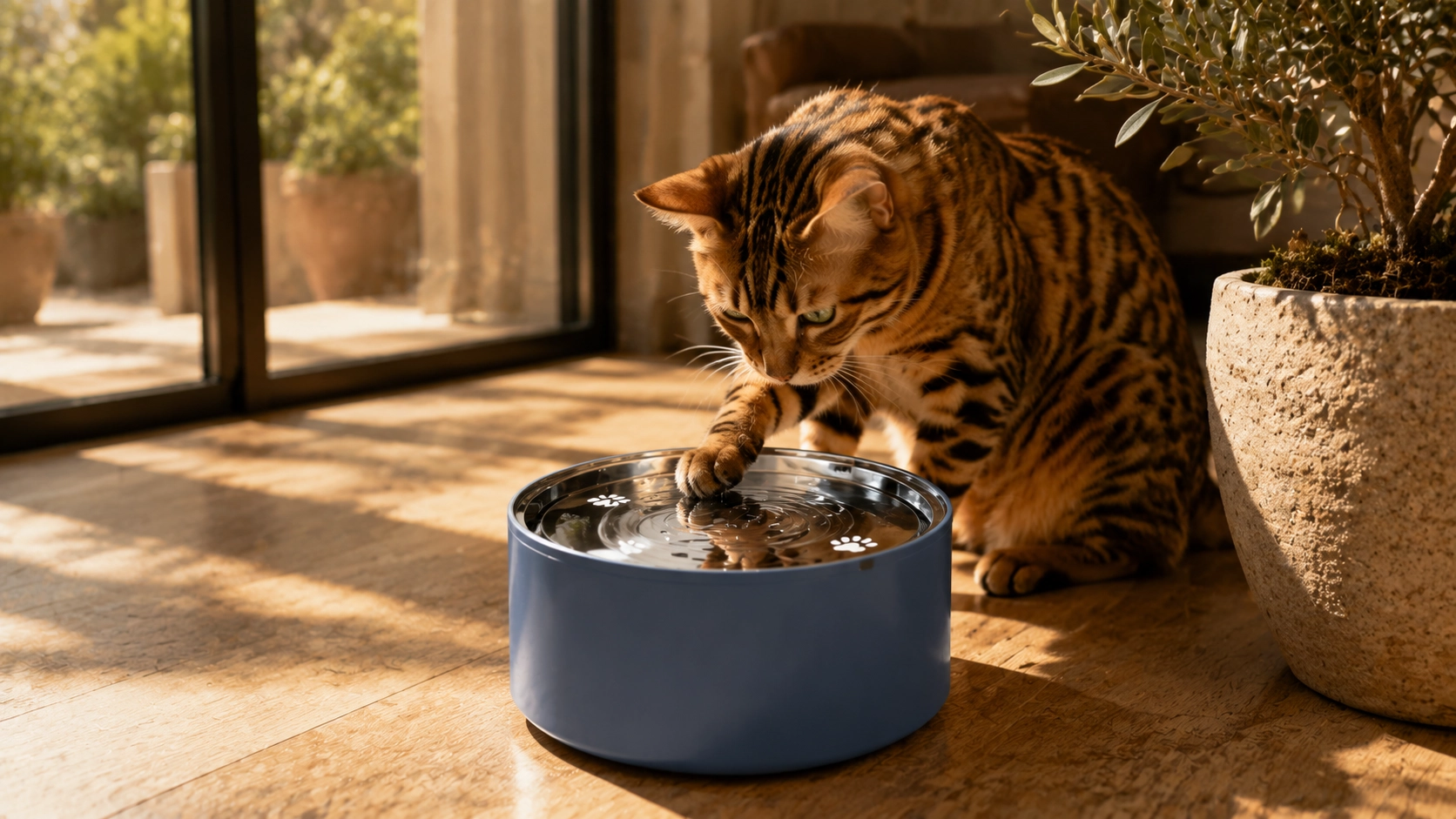 GuardLynx Floating Stainless Steel Anti-Wet Mouth Pet Bowl · Golden Shaded Cat with Olive Tree · GuardLynx