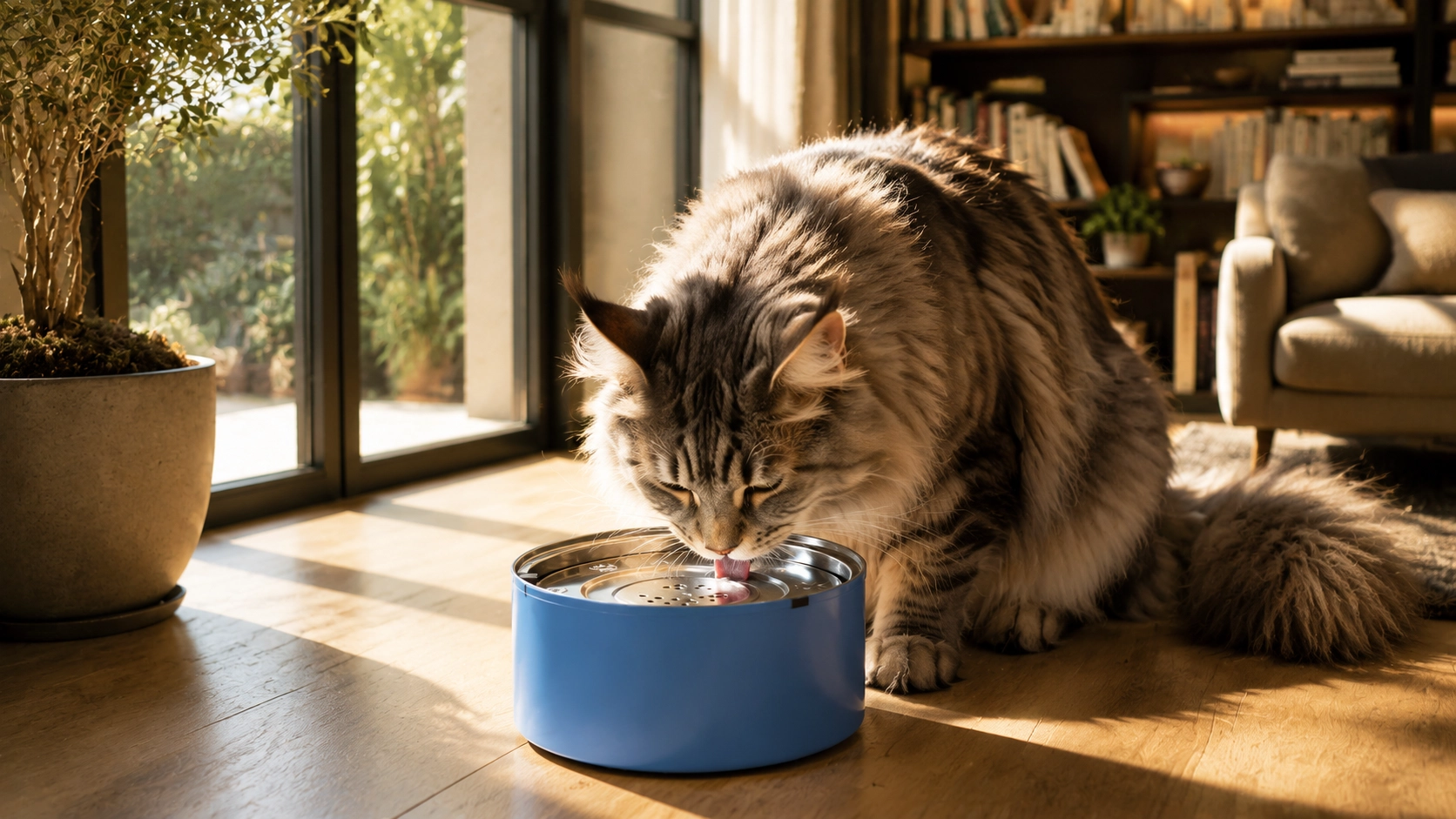 GuardLynx Floating Stainless Steel Anti-Wet Mouth Pet Bowl · Maine Coon Afternoon Delight · GuardLynx