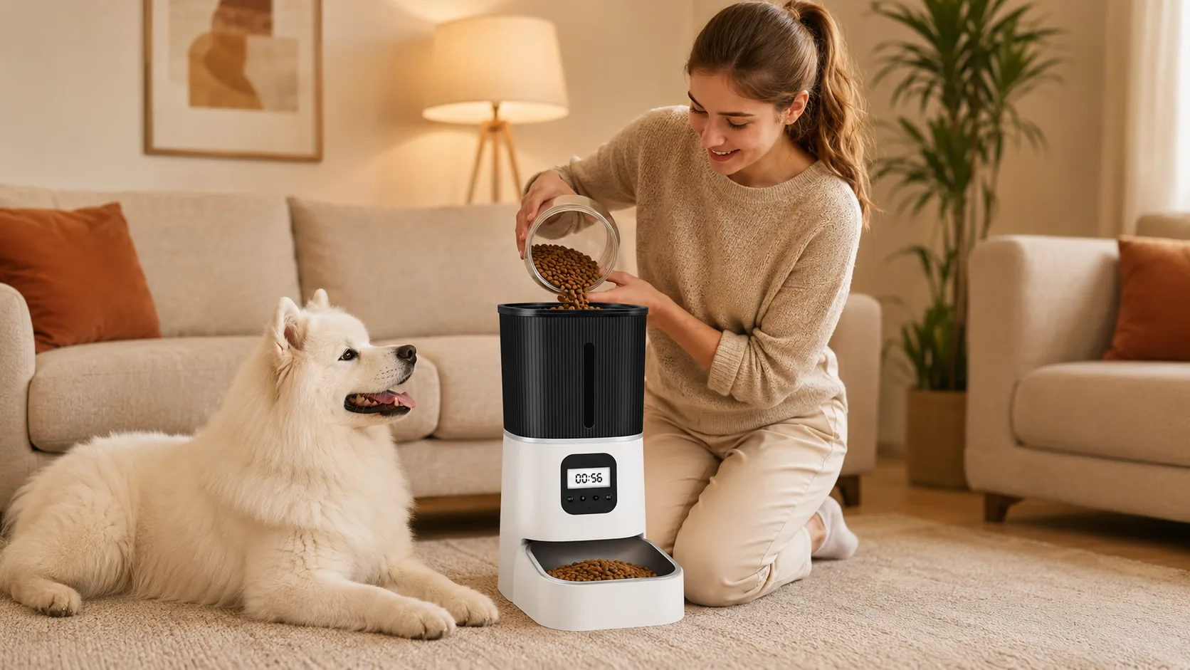 Smart Timed & Portion-Controlled Automatic Pet Feeder · Open-Concept Kitchen Breakfast · GuardHound DOG