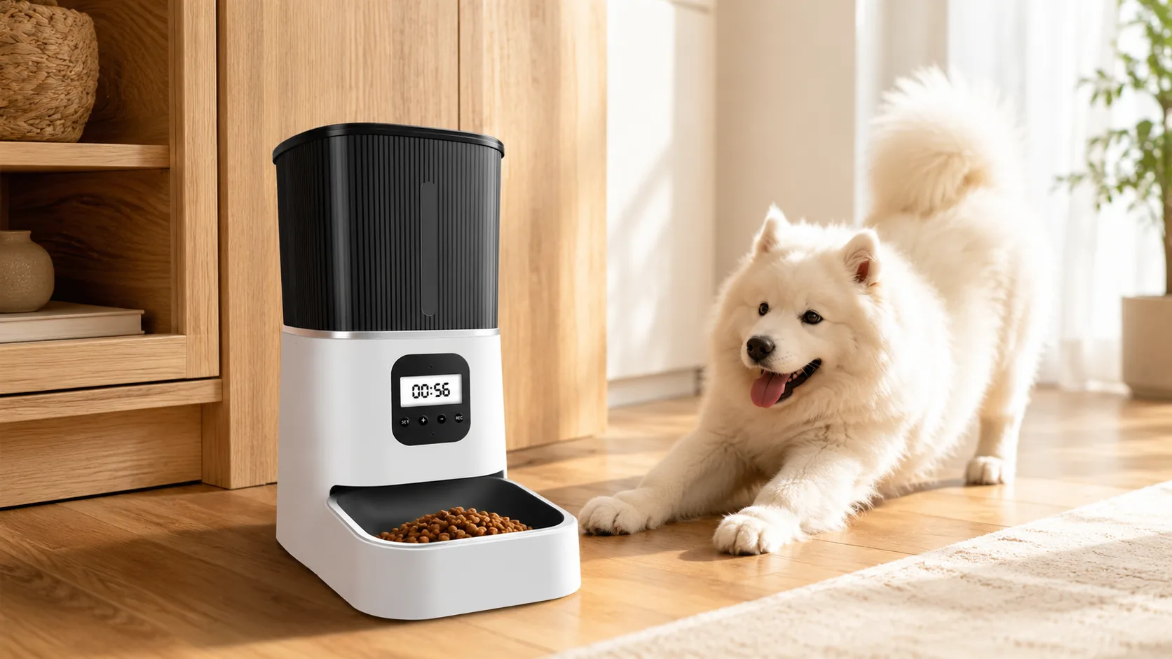 Smart Timed & Portion-Controlled Automatic Pet Feeder · Living Room Afternoon Sun · GuardHound DOG