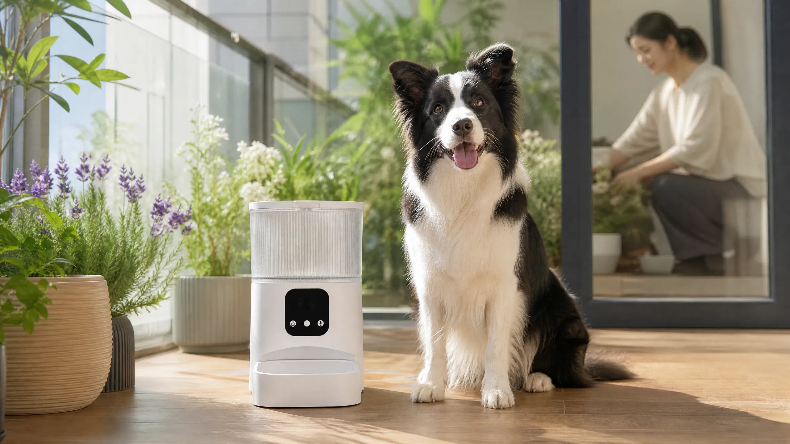 GuardHound Smart Feeder GH-F1 · Morning Feeding in Open Kitchen · GuardHound DOG