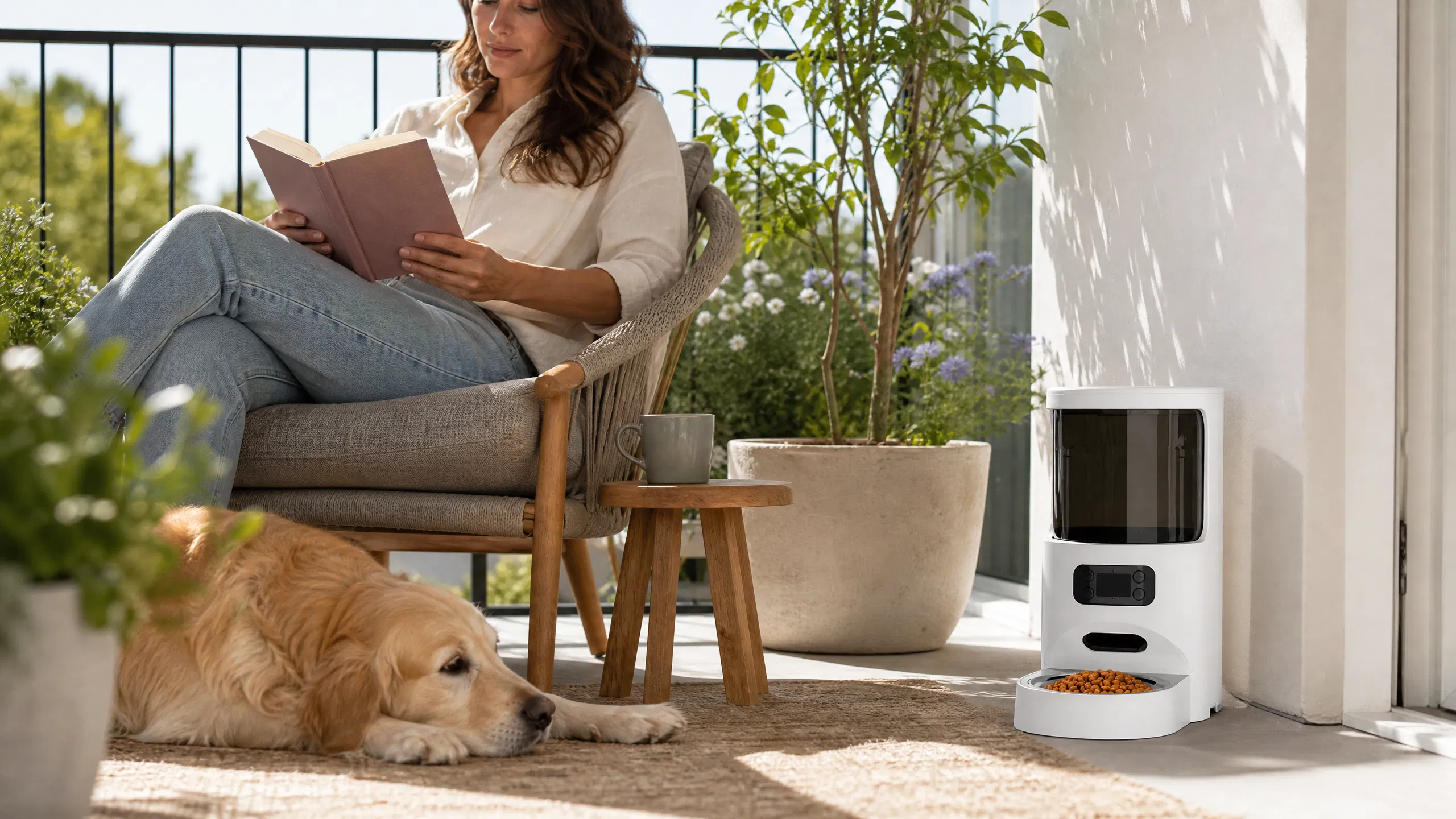 GuardHound Smart Automatic Pet Feeder · Morning Breakfast in Sunny Kitchen · GuardHound DOG