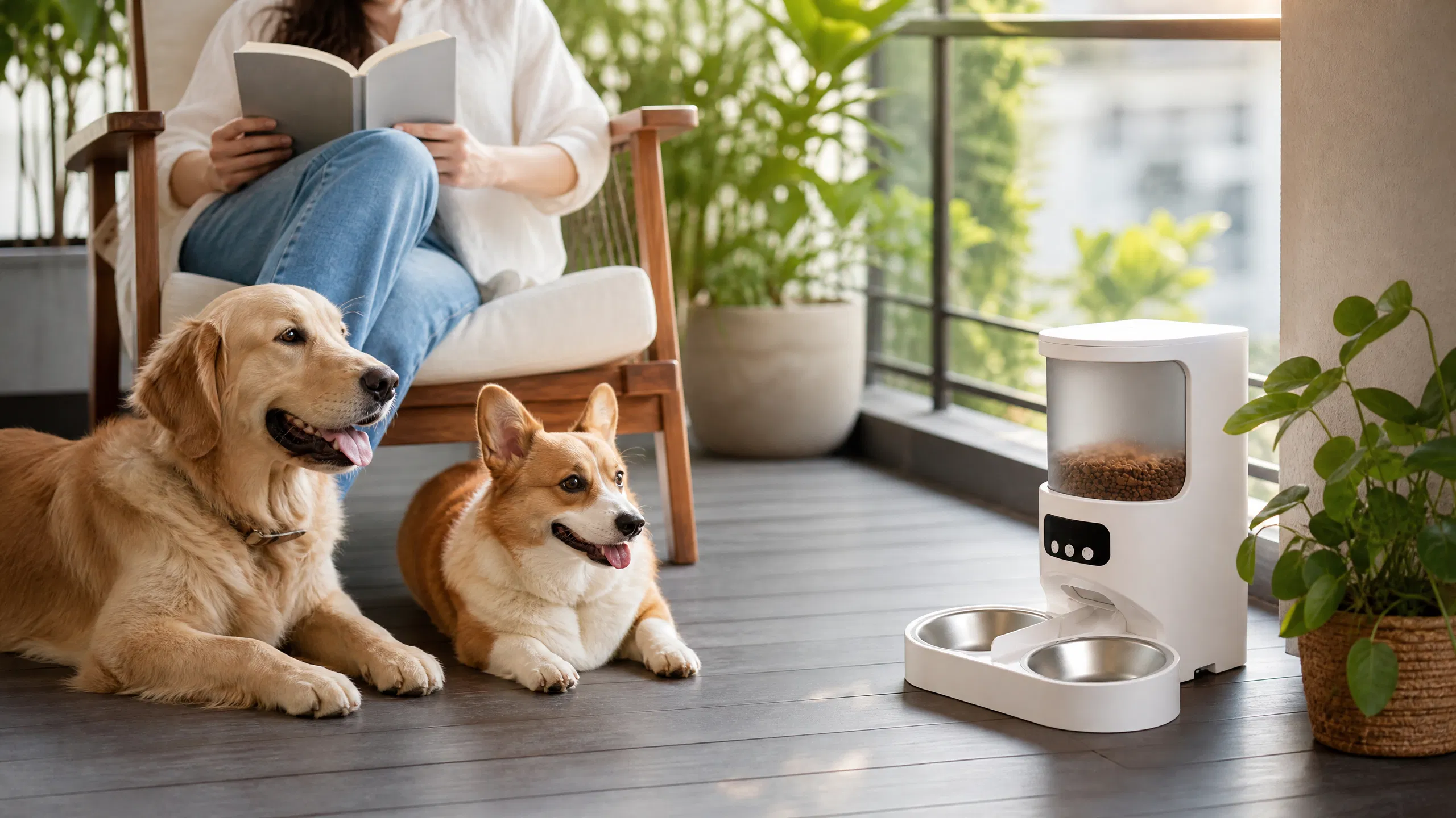 Dual-Bowl Smart Automatic Pet Feeder · Morning Feeding in Warm Light · GuardHound DOG