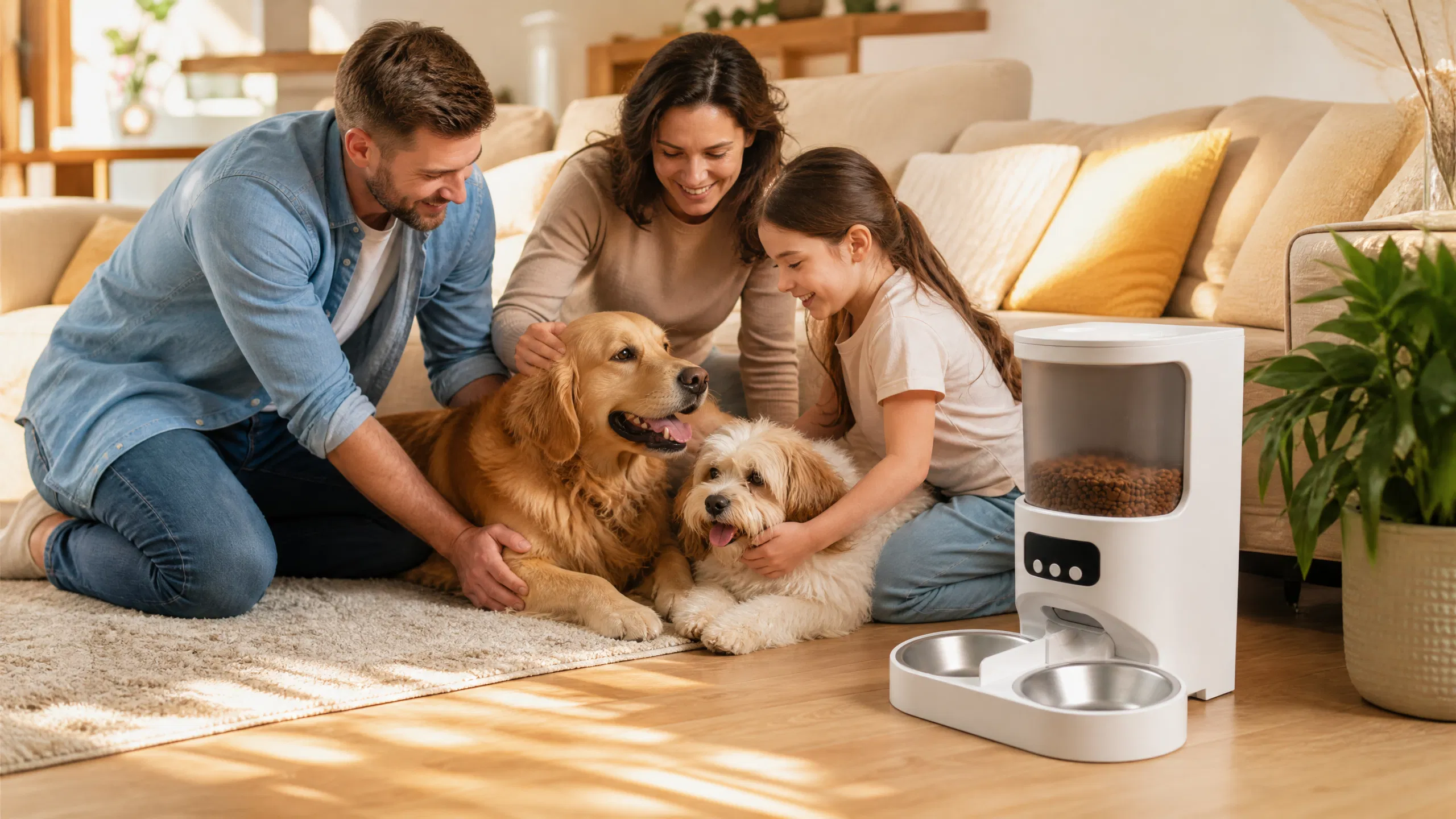 Dual-Bowl Smart Automatic Pet Feeder · Hydration in Sunlit Room · GuardHound DOG